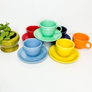 Vintage FIESTAWARE Colourful Ceramic Cup and Saucer Set Of 5